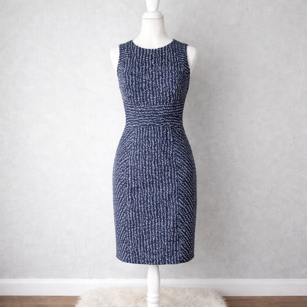 Shoshanna Sleeveless Navy Jacquard Sheath Tailored Cocktail Formal Midi Dress